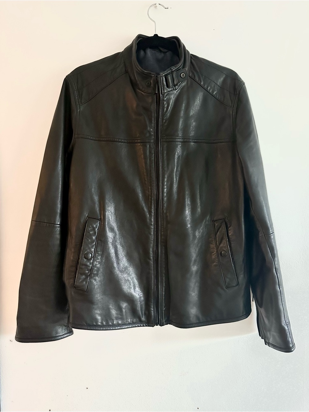 Massimo Dutti Black Leather Bomber Jacket